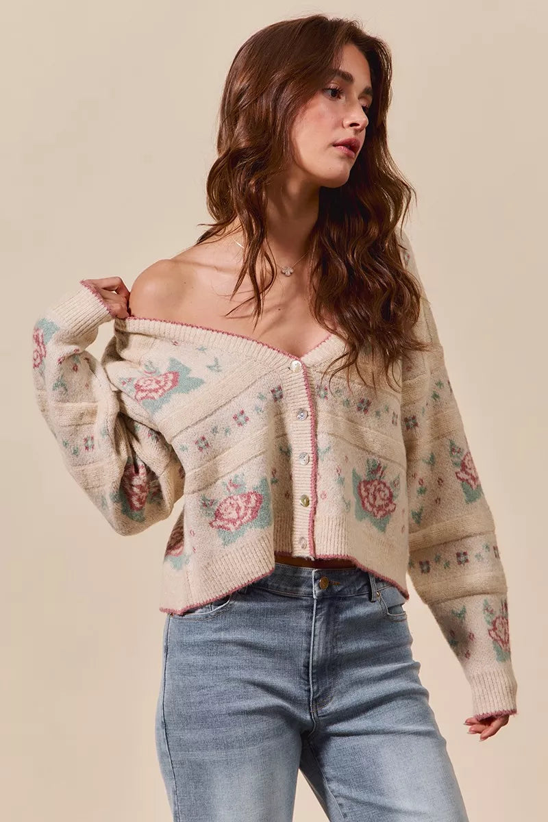 SO ME Floral Pattern Long Sleeve Button Sweater Cardigan | Cardigans Daverri Fashions