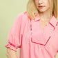 Soft pink Umgee scalloped trim blouse with puff sleeves and ruffled cuffs