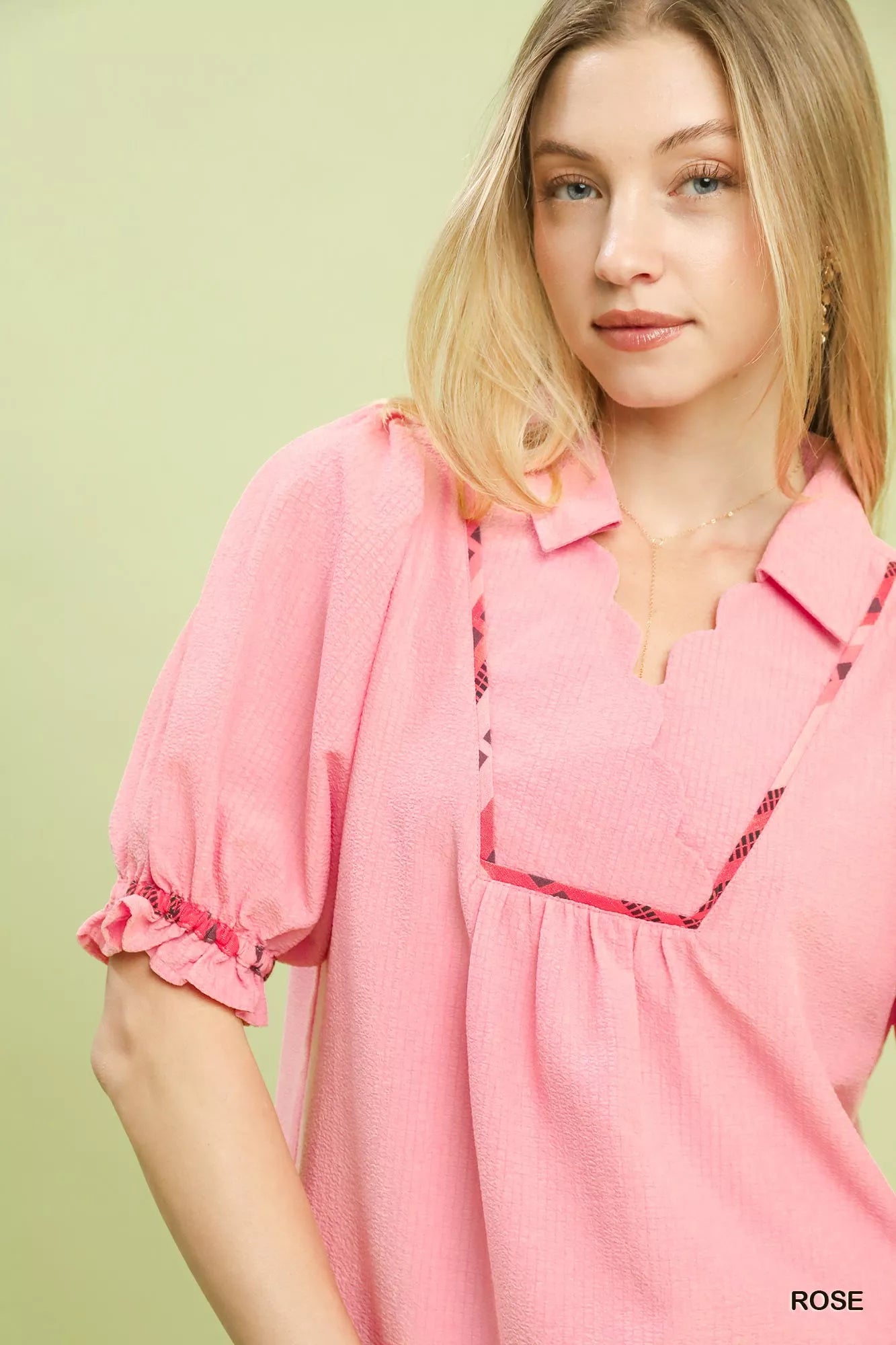 Soft pink Umgee scalloped trim blouse with puff sleeves and ruffled cuffs
