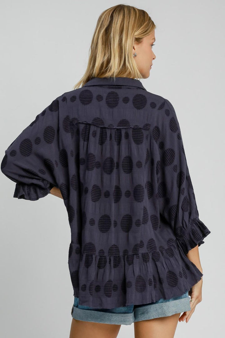 Umgee Full Size Swiss Dot Half Button Flounce Sleeve Blouse Blouses