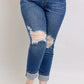 Judy Blue Full Size Mid Rise Boyfriend destroy Jeans with Yoke Pockets and Faux Selvedge Cuff Plus Size - DAVERRI FASHIONS