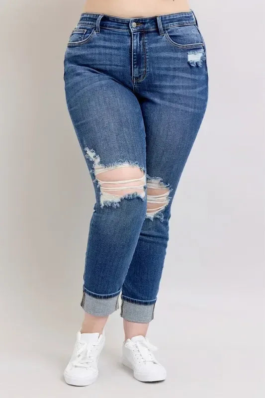 Judy Blue Full Size Mid Rise Boyfriend destroy Jeans with Yoke Pockets and Faux Selvedge Cuff Plus Size - DAVERRI FASHIONS