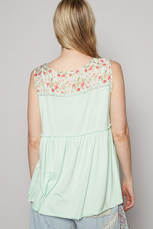 POL Lace Detail Frill Floral V-Neck Sleeveless Top Tops