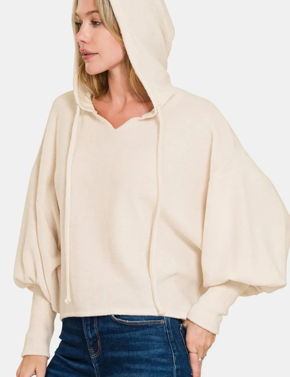 Zenana Brushed Hacci cropped hoodie in beige with balloon sleeves