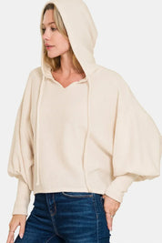 Zenana Brushed Hacci cropped hoodie in beige with balloon sleeves