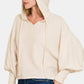 Zenana Brushed Hacci cropped hoodie in beige with balloon sleeves