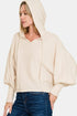 Zenana Brushed Hacci cropped hoodie in beige with balloon sleeves
