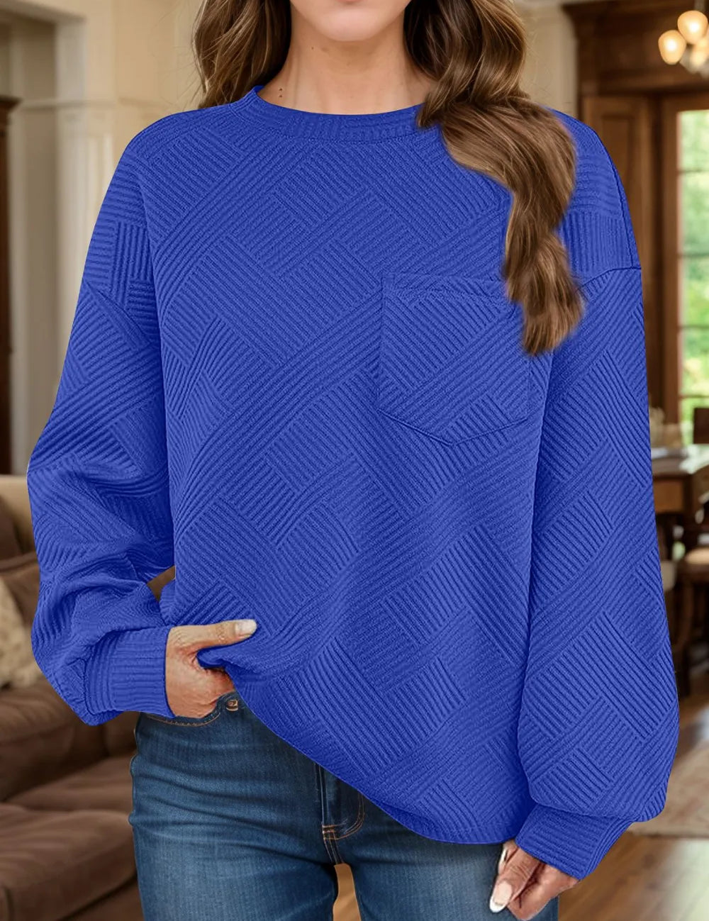 Full Size Texture Round Neck Long Sleeve Sweatshirt | Sweatshirts Daverri Fashions