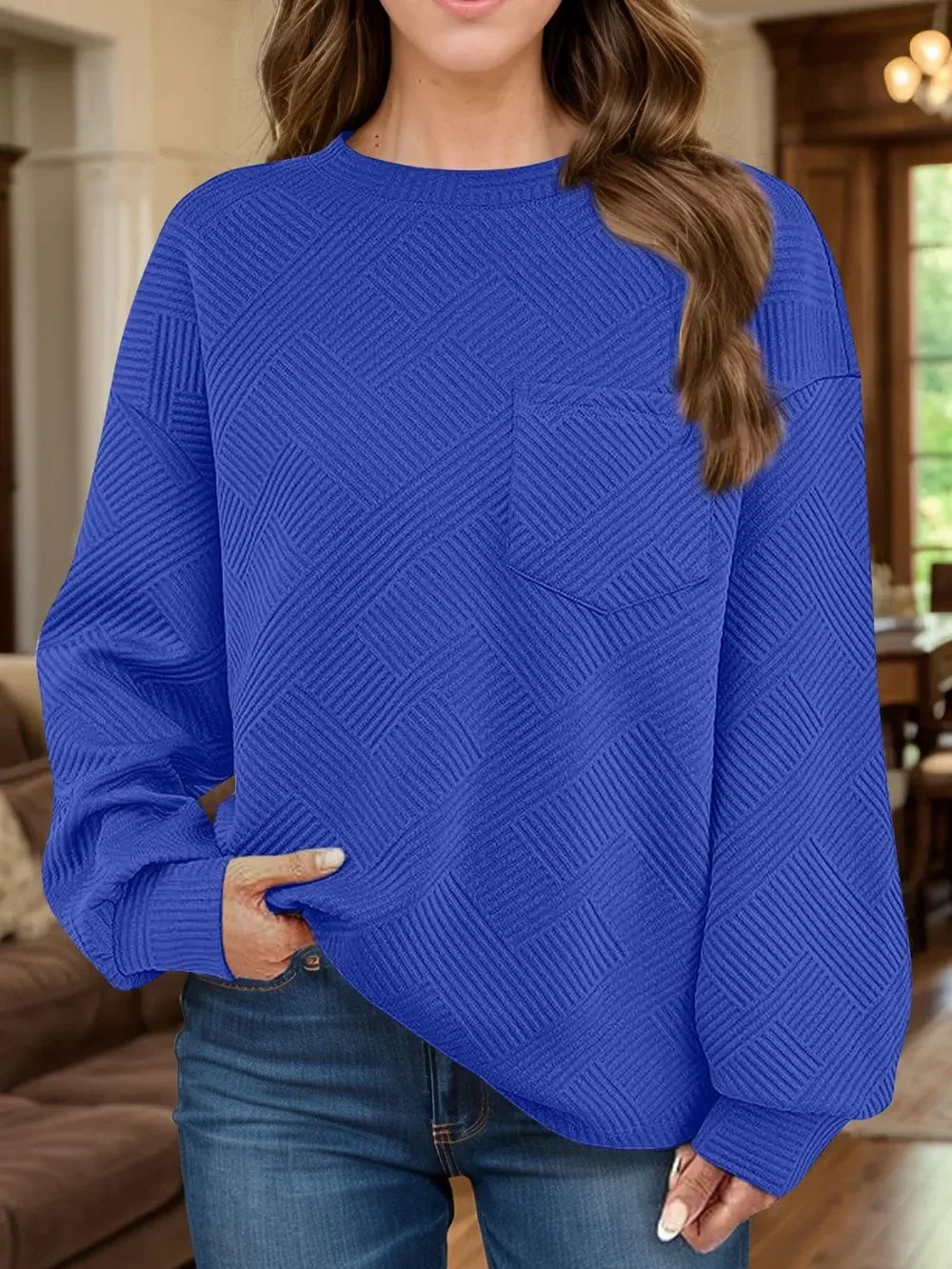 Full Size Texture Round Neck Long Sleeve Sweatshirt - DAVERRI FASHIONS