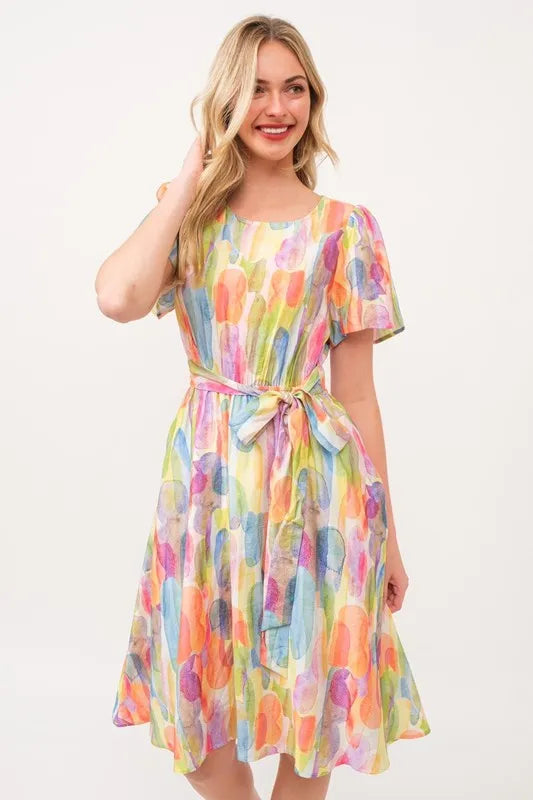 Lime 'N' Chili Watercolor Print Tie Front Midi Dress | Daverri Fashions