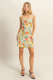 HYFVE Floral Cowl Neck Flirty Satin Mini Dress | Daverri Fashions