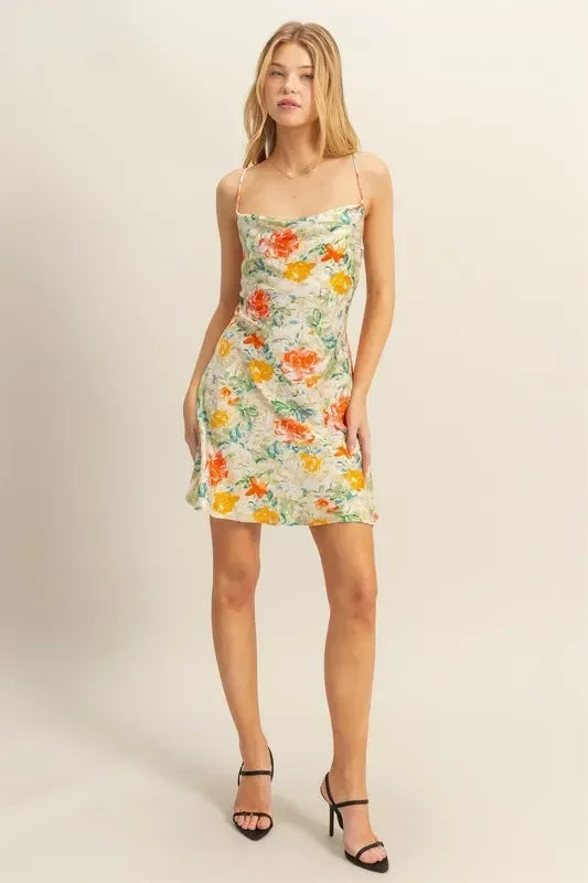 HYFVE Floral Cowl Neck Flirty Satin Mini Dress - DAVERRI FASHIONS