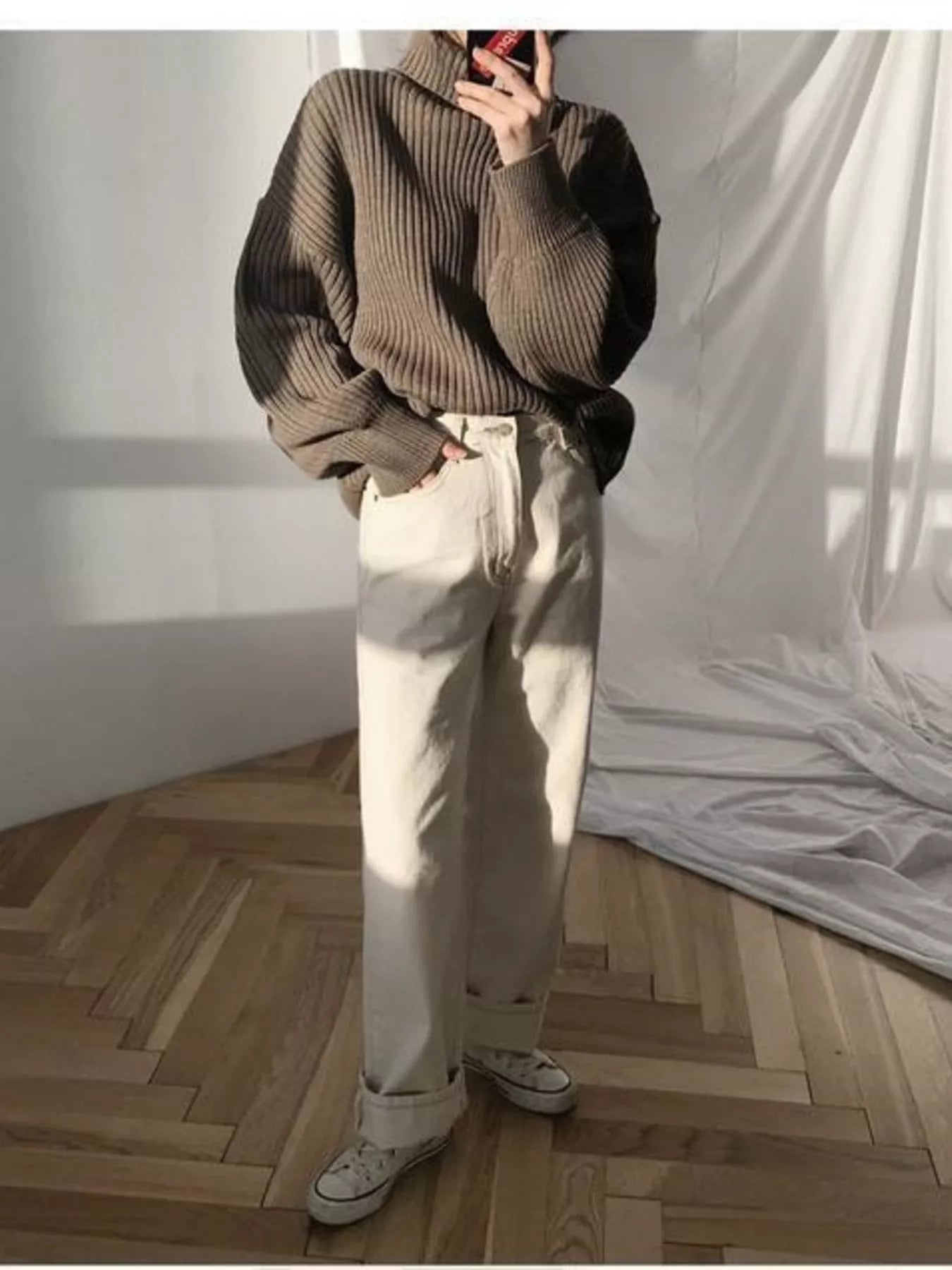 Cozy oversized brown ribbed knit turtleneck sweater plus size