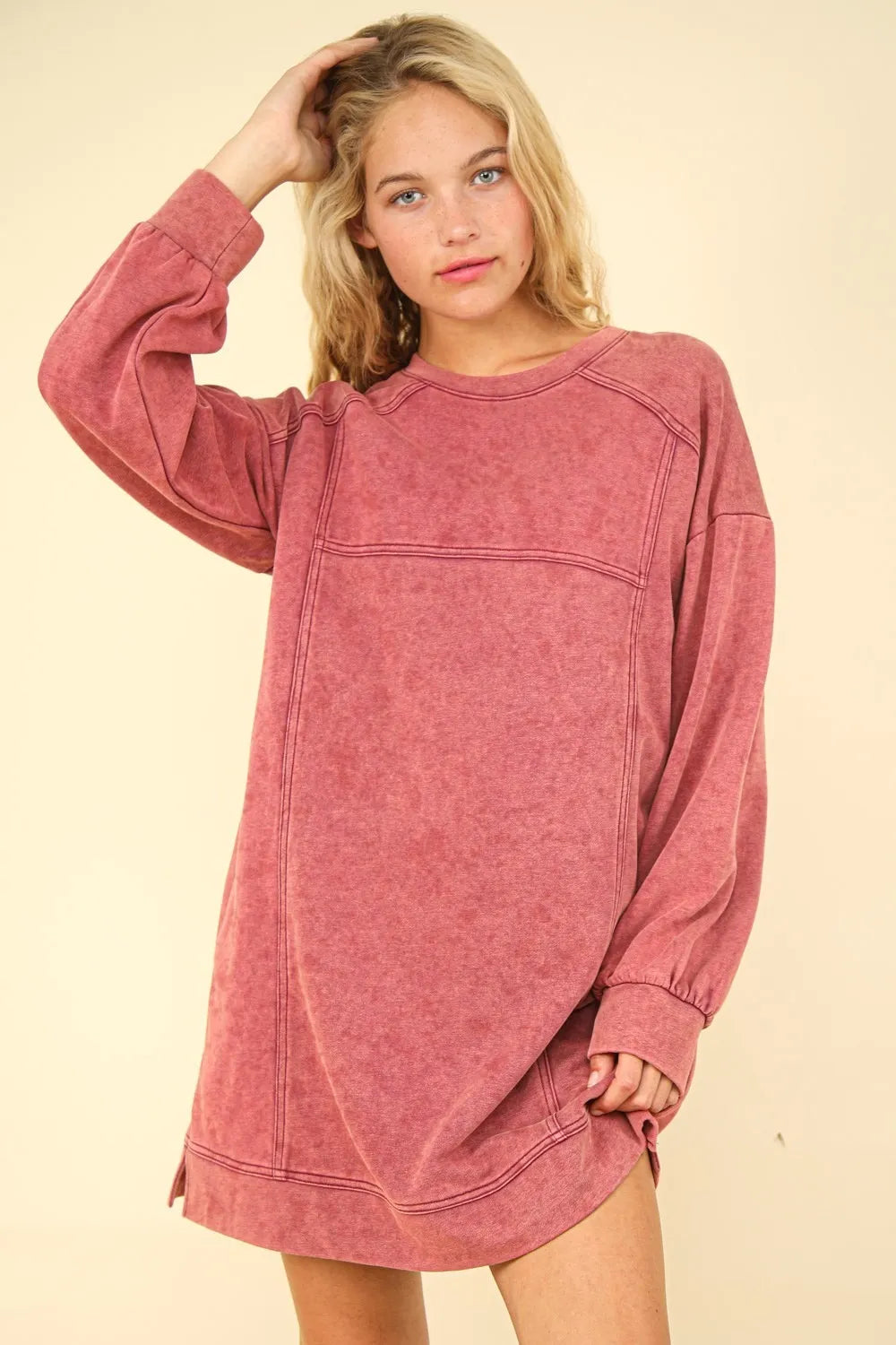 VERY J Mineral Washed Oversized Sweatshirt Mini Dress Magenta Mini Dresses