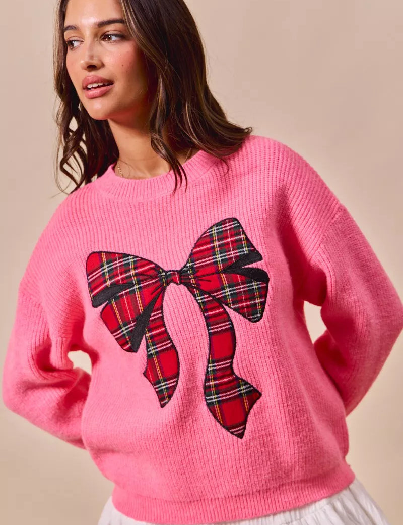 PINK SO ME Checker Plaid Ribbon Christmas Holiday Sweater | Sweaters Daverri Fashions