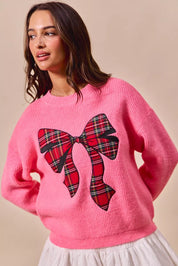 PINK SO ME Checker Plaid Ribbon Christmas Holiday Sweater | Sweaters Daverri Fashions