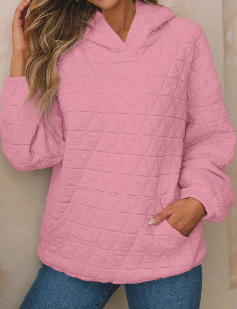 Dusty Pink Textured Long Sleeve Hoodie with Pockets | Hoodies Daverri Fashions