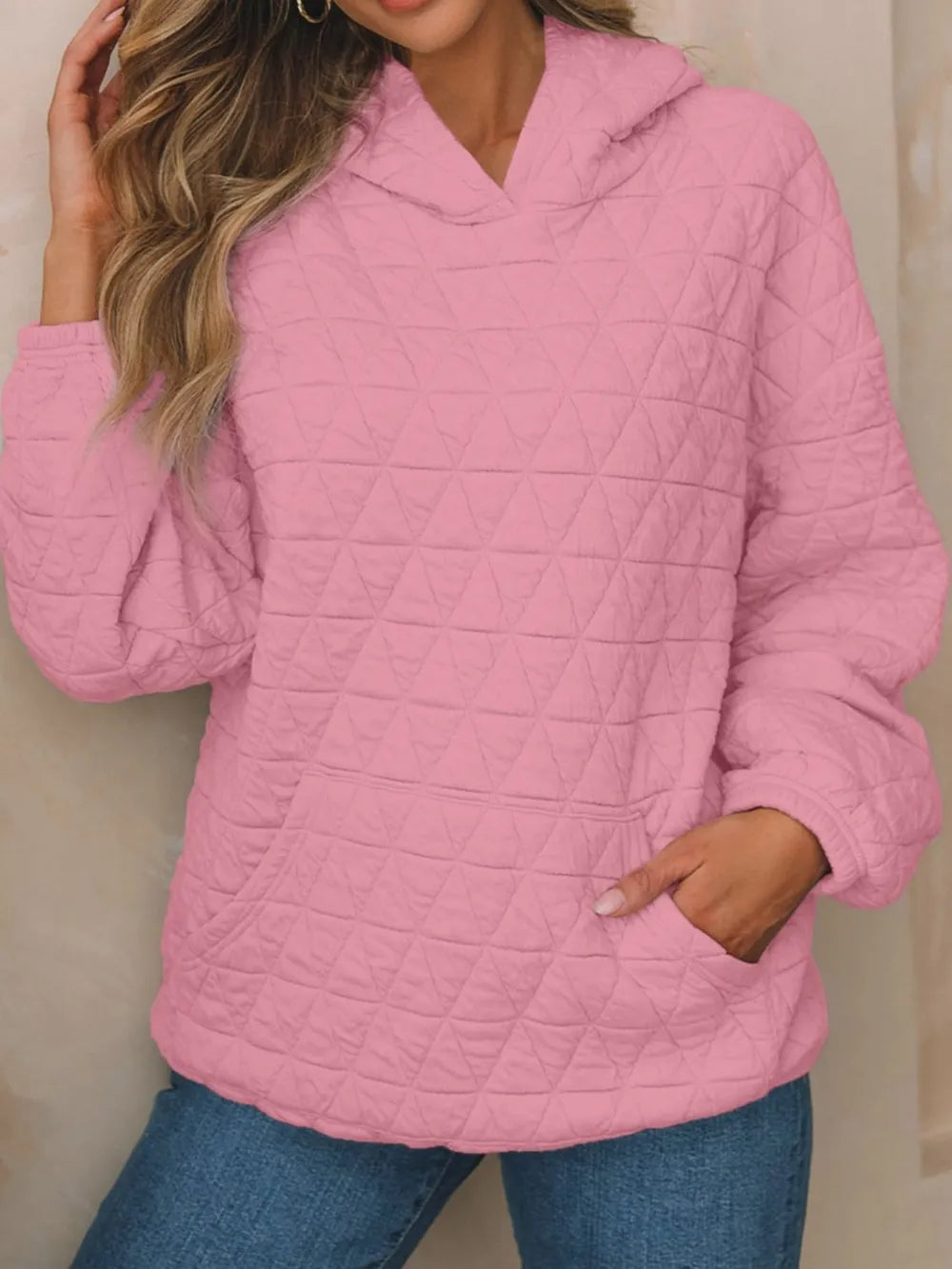 Dusty Pink Textured Long Sleeve Hoodie with Pockets | Hoodies Daverri Fashions
