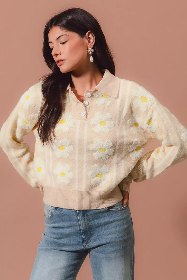 SO ME Floral Stripe Polo Collar Sweater | Sweaters Daverri Fashions