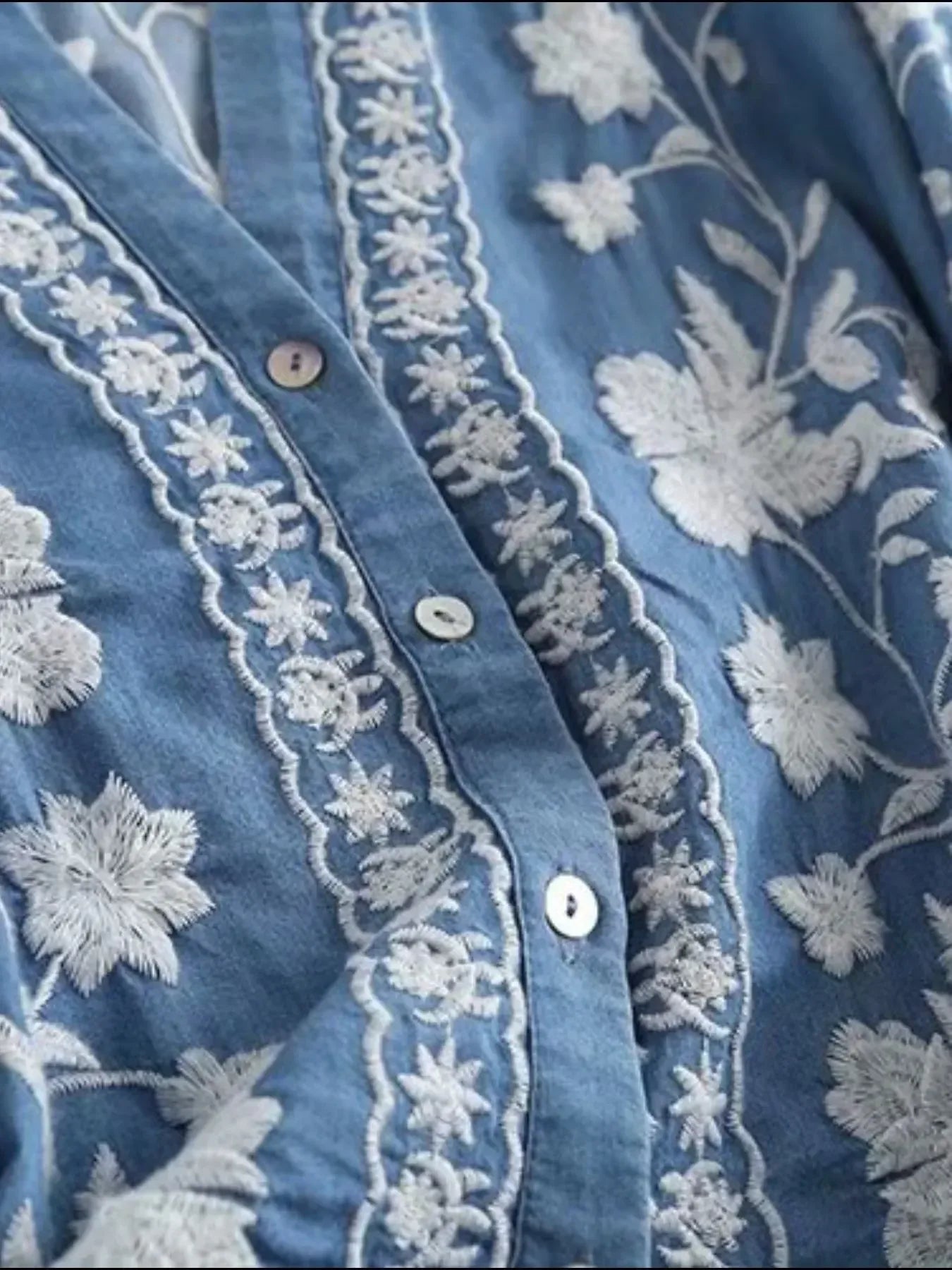 Floral Embroidered Button Up Denim Shirt - DAVERRI FASHIONS