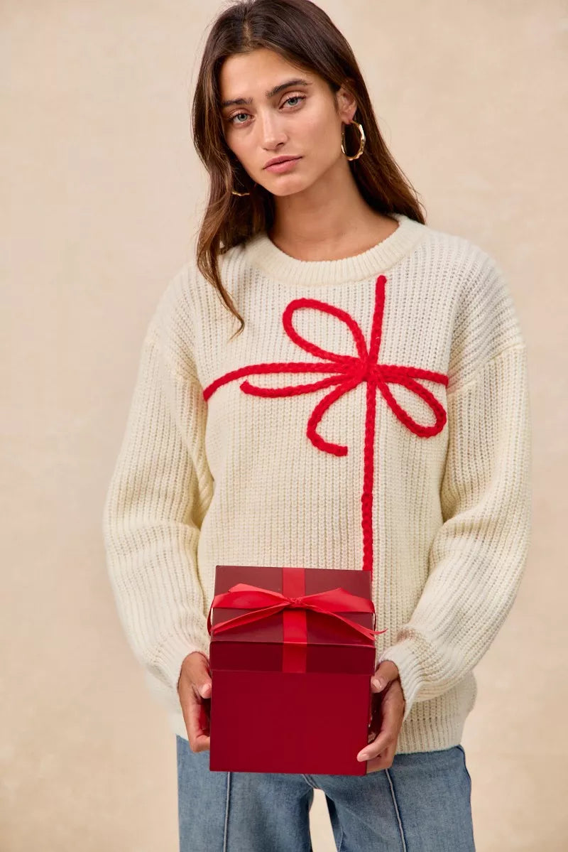 BiBi Christmas Ribbon Bow Embroidery Sweater | Sweaters Daverri Fashions