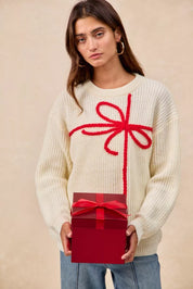 BiBi Christmas Ribbon Bow Embroidery Sweater | Sweaters Daverri Fashions