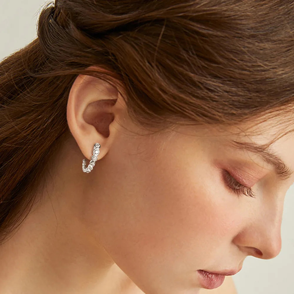 Silver One Size Inlaid Moissanite 925 Sterling Silver C-Hoop Earrings | Sterling Silver Earrings Daverri Fashions