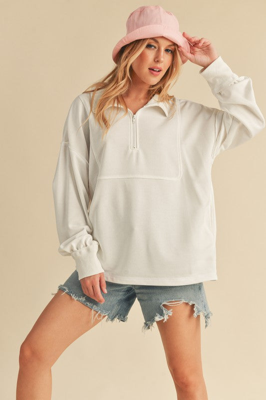 Aemi+Co Exposed Seam Half Zip Drop Shoulder Sweatshirt White Sweatshirts