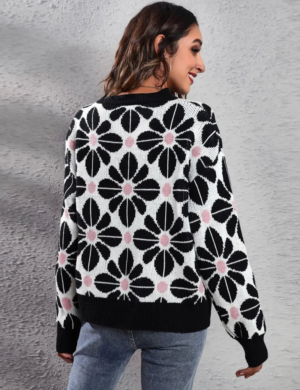 Floral Round Neck Long Sleeve Sweater | Daverri Fashions