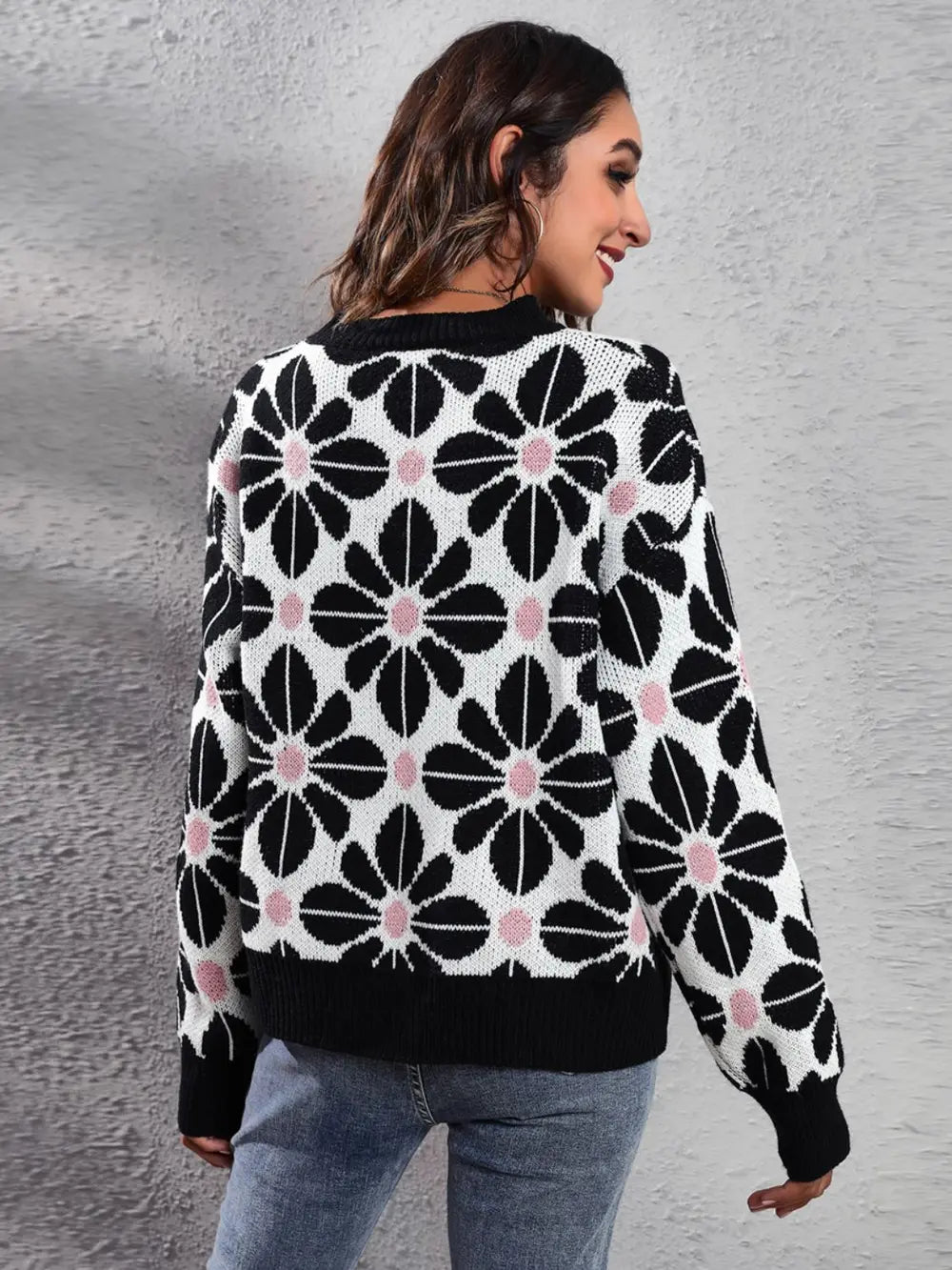 Floral Round Neck Long Sleeve Sweater | Daverri Fashions