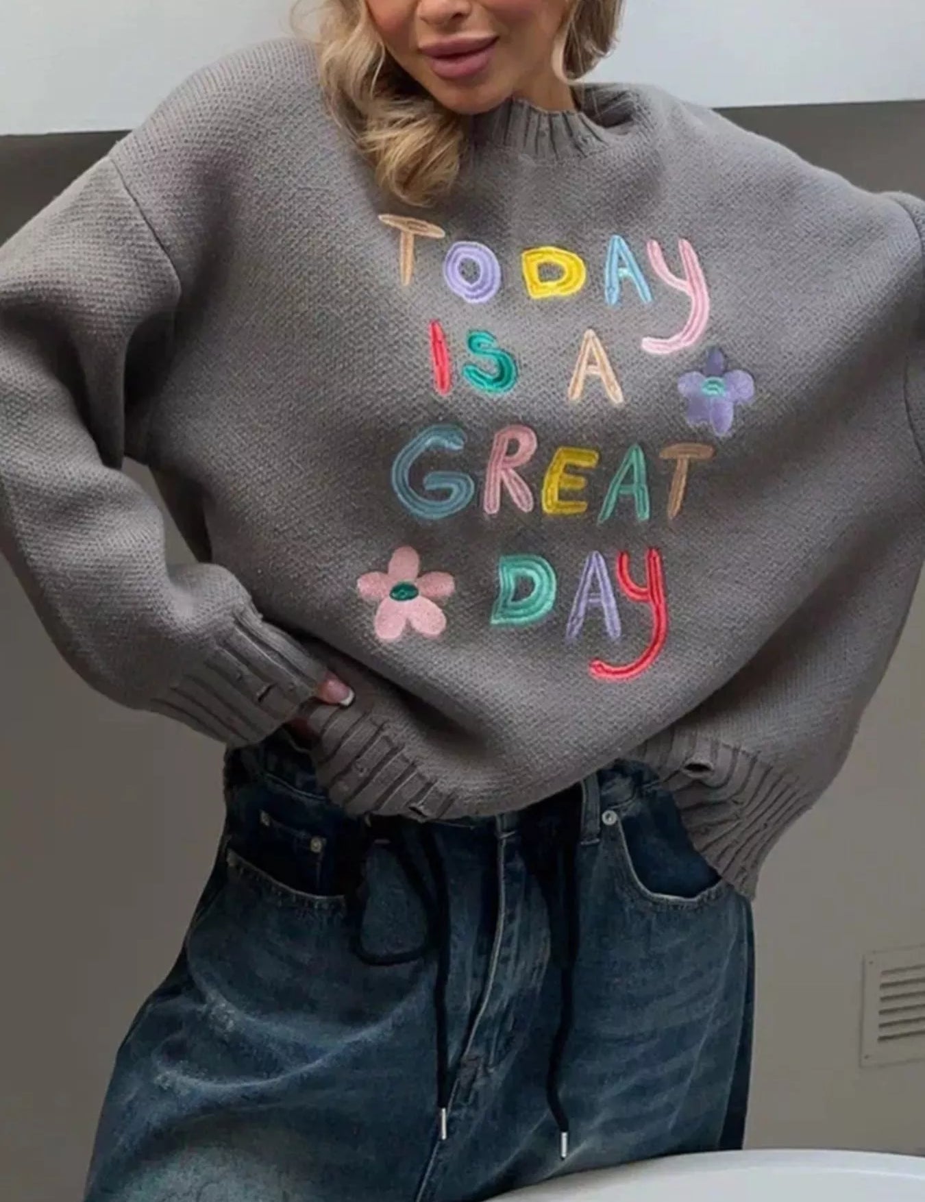 Dark Gray Embroidered 'Great Day' Dropped Shoulder Sweater | Sweaters Daverri Fashions