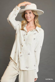 OATMEAL Umgee Linen Blend Fitted Shirt with Ribbon Embroidery Details | Shirts Daverri Fashions