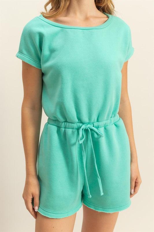 HYFVE Round Neck Short Sleeve Drawstring Waist Romper Rompers