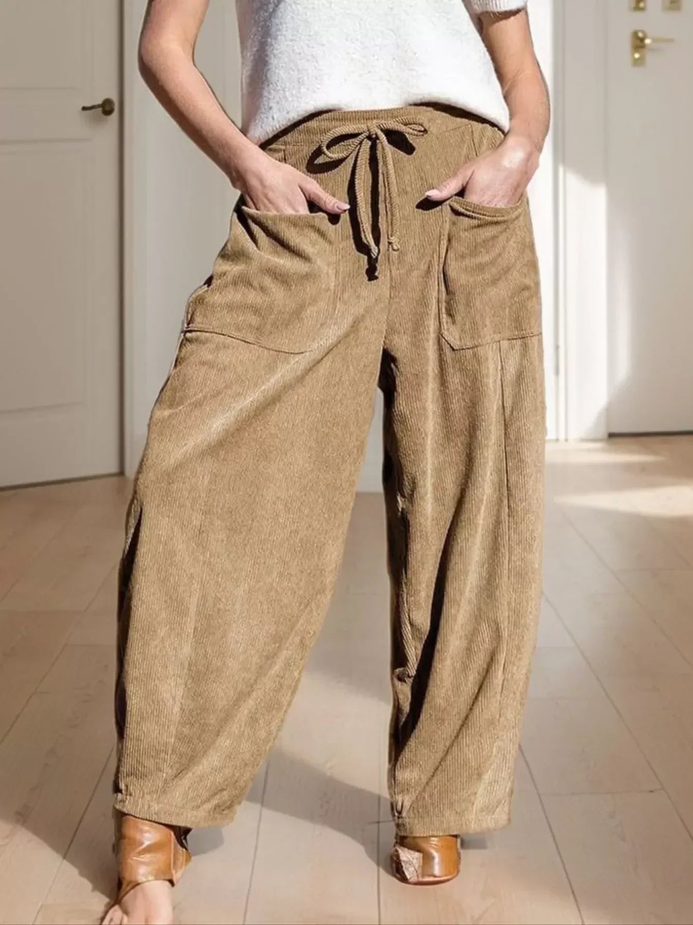 Daverri Fashions Casual Corduroy Wide Leg Pants with Pockets - DAVERRI FASHIONS