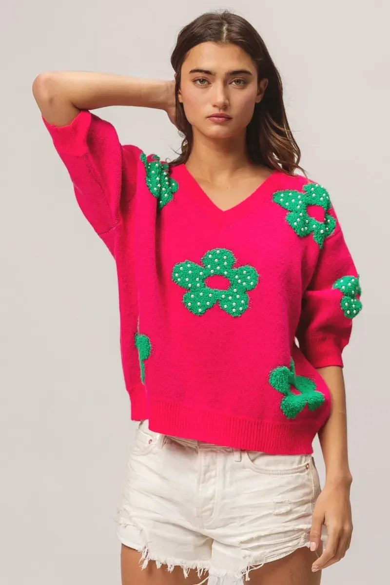 BiBi Pearl Beads Flowers Sweater Top - DAVERRI FASHIONS