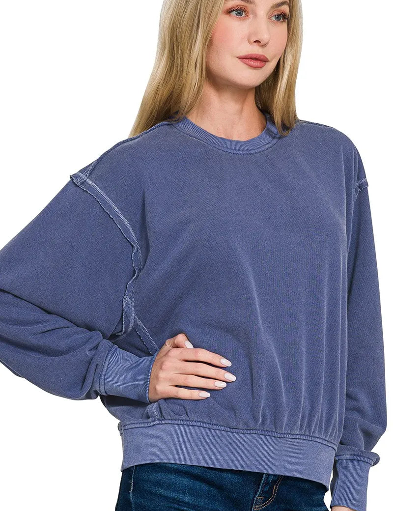 Zenana Soft Fleece Pigment Dye Round Neck Pullover | Tops Daverri Fashions