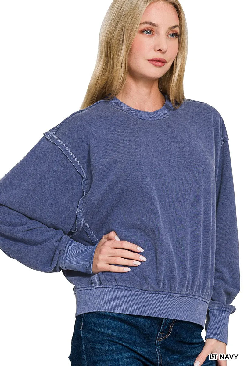 Zenana Soft Fleece Pigment Dye Round Neck Pullover | Tops Daverri Fashions