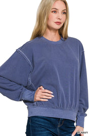 Zenana Soft Fleece Pigment Dye Round Neck Pullover | Tops Daverri Fashions