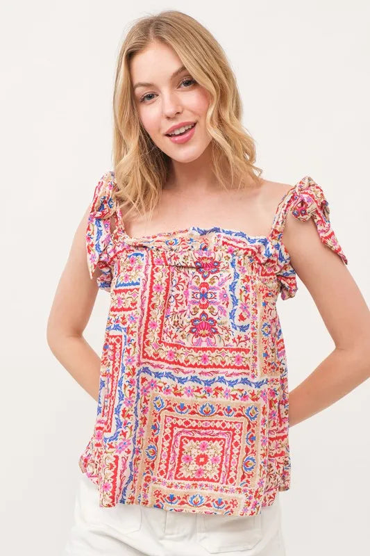And The Why Ruffled Neck Tied Strap Boho Printed Swing Top Tops
