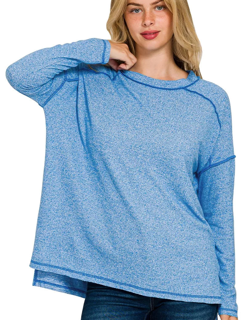 OCEAN BLUE Zenana Full Size Melange Hacci Exposed Seam Hi-low Tee Plus Size | T-Shirts Daverri Fashions