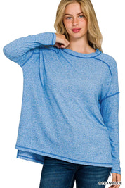 OCEAN BLUE Zenana Full Size Melange Hacci Exposed Seam Hi-low Tee Plus Size | T-Shirts Daverri Fashions