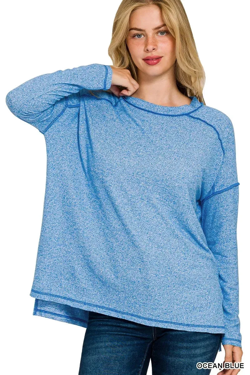 Zenana Full Size Melange Hacci Exposed Seam Hi-low Tee Plus Size - DAVERRI FASHIONS