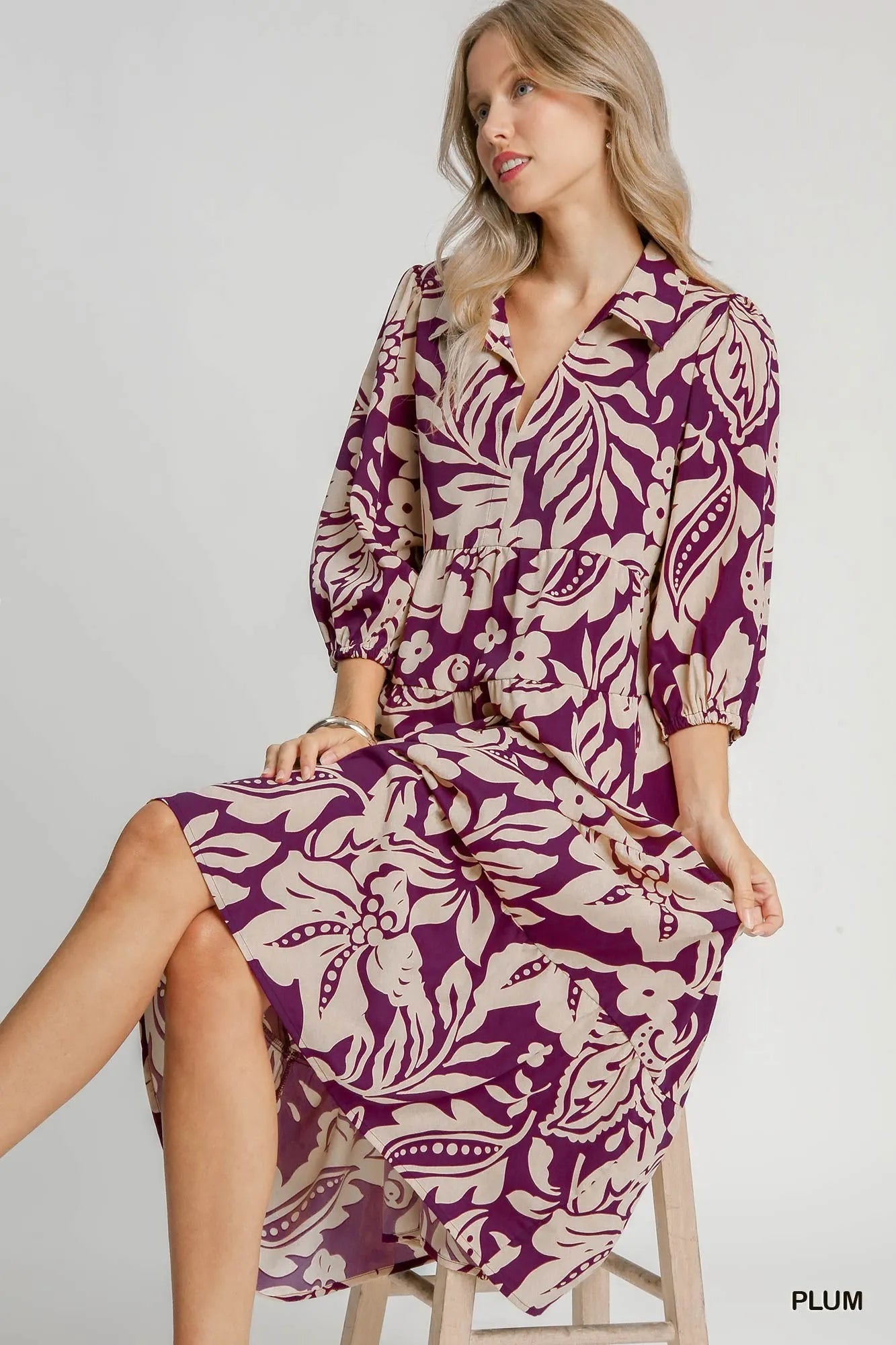Umgee Floral Print Tiered Midi Dress Midi Dresses