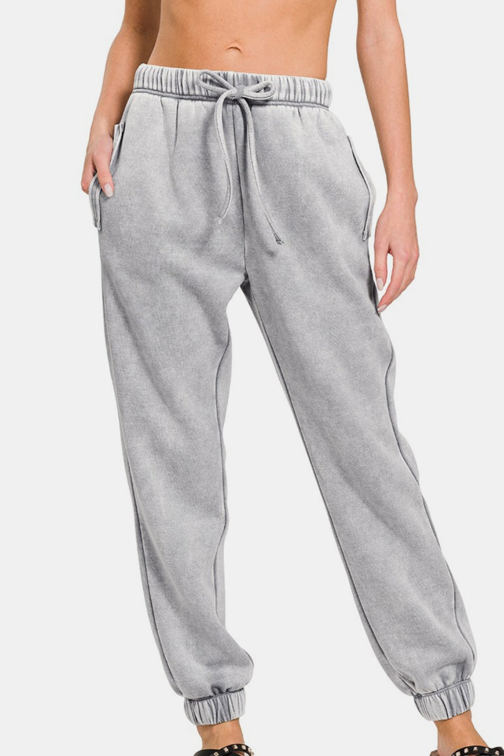 Acid Wash Fleece Drawstring Sweatpants with Pockets Sleet Bottoms