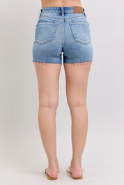 Judy Blue Full Size High Waist Denim Shorts W/stitch Over Destroy Detail Plus Size | Denim Shorts Daverri Fashions