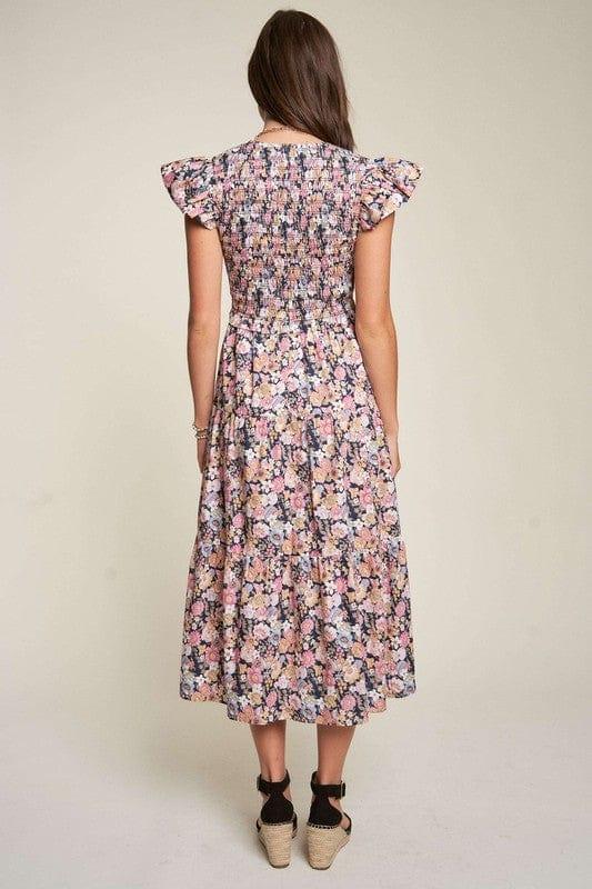 Vintage Garden Floral Flutter Smocking Midi Dress Midi Dresses