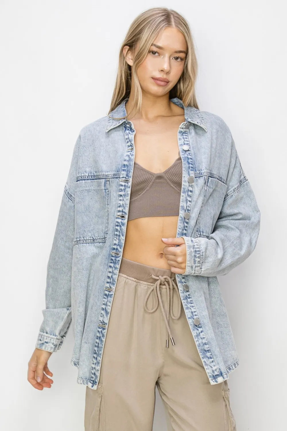 RISEN Button Up Long Sleeve Shacket L | Shackets Daverri Fashions