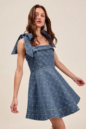 SO ME A Line Fit and Flare Diamond Bow Ribbon Denim Dres | Mini Dresses Daverri Fashions