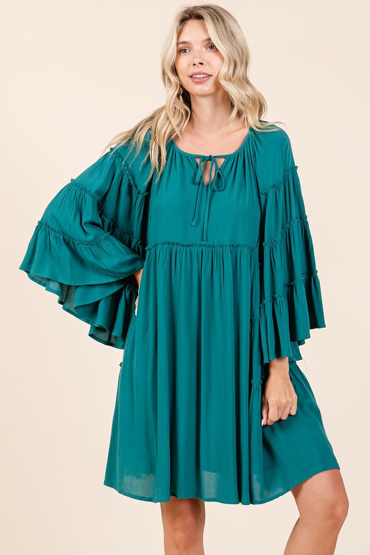 Mittoshop Frill Tie Neck Bell Sleeve Dress Teal Green