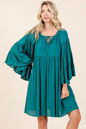 Mittoshop Frill Tie Neck Bell Sleeve Dress Teal Green